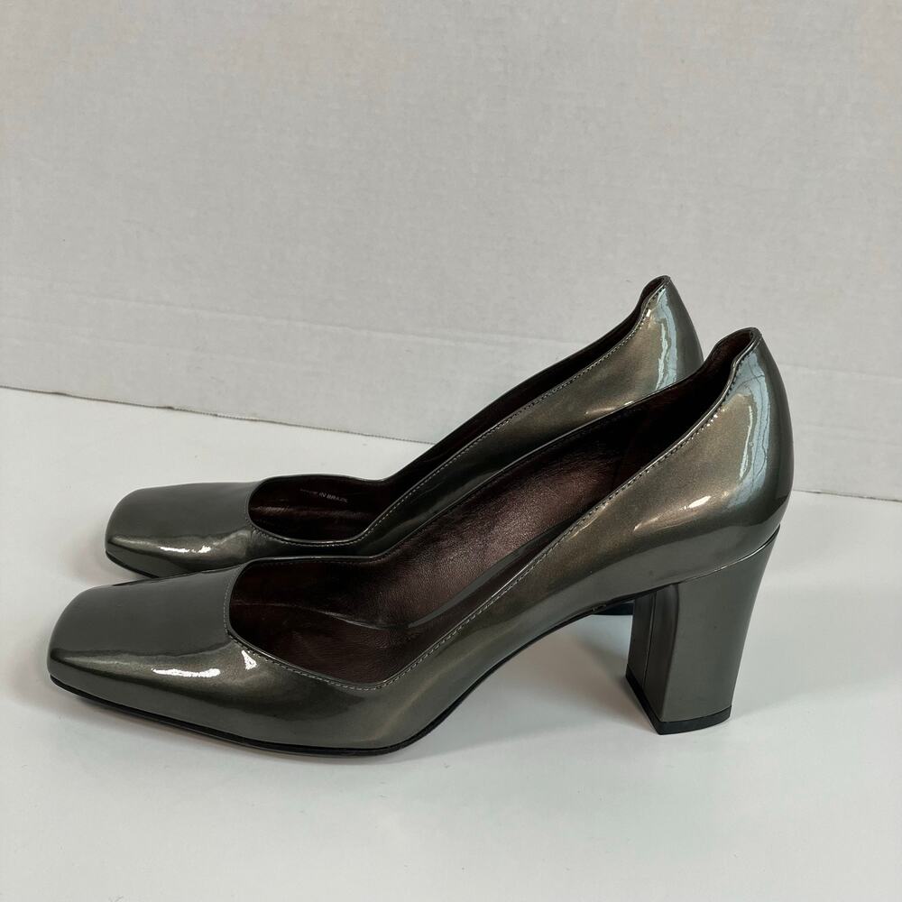 Via Spiga Sz 8 Green Metallic Patent Leather Chic Square Toe Block Heel Pumps